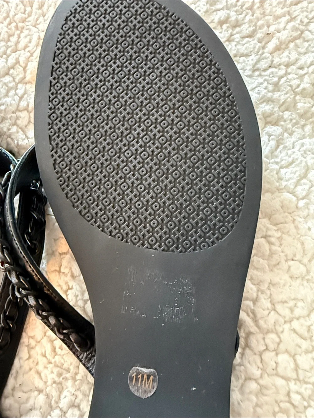 Tory Burch Black Chain-Trim Leather Flip Flop Sandals
